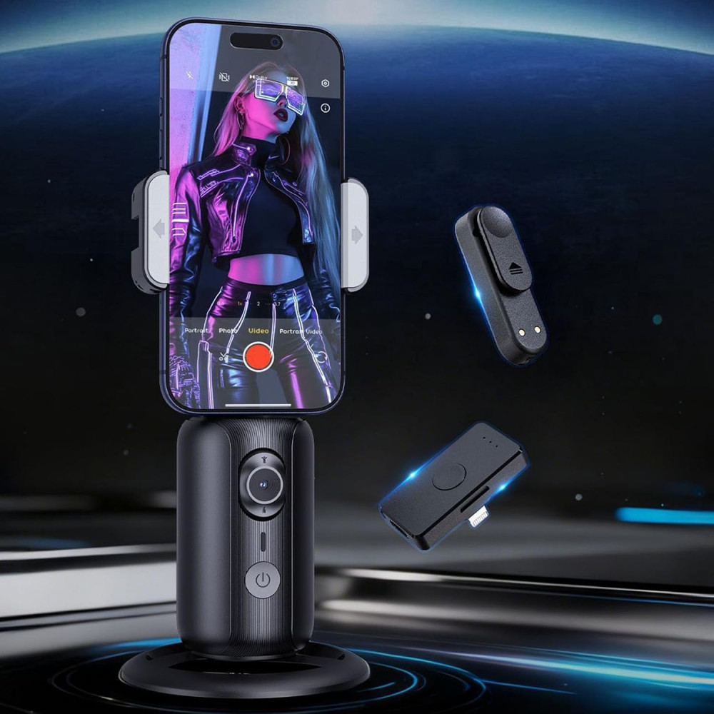 AI Yüz Takipli 360 Derece Otomatik Dönüşlü Dahili Yaka Mikrofonlu Telefon Tutucu